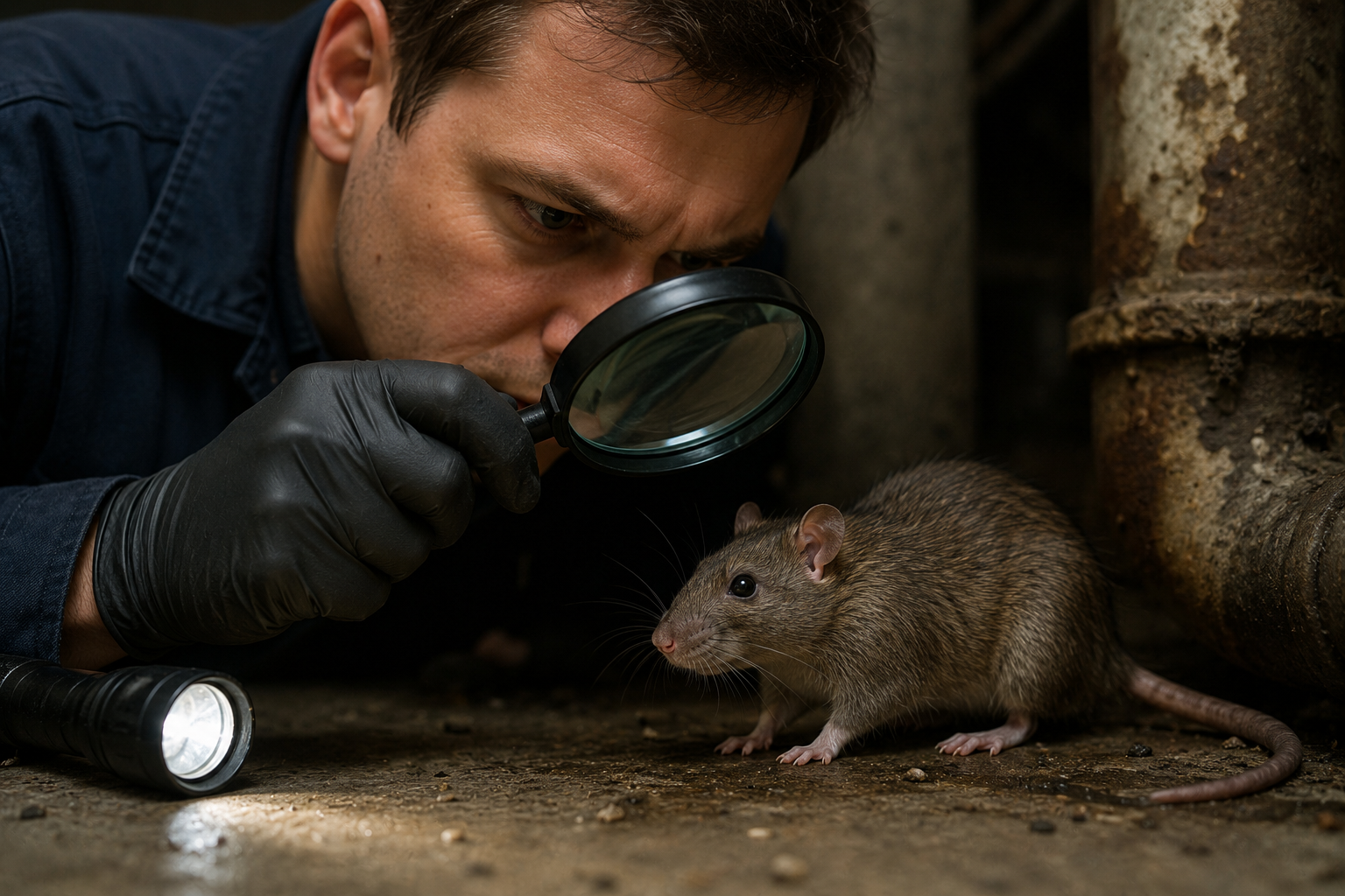Technicien en dératisation observant un rat avec une loupe dans un bâtiment infesté