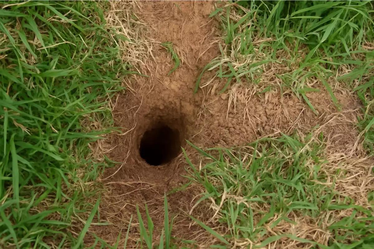 Terrier de rat creusé dans une pelouse avec traces de passage visibles autour de l’entrée du nid