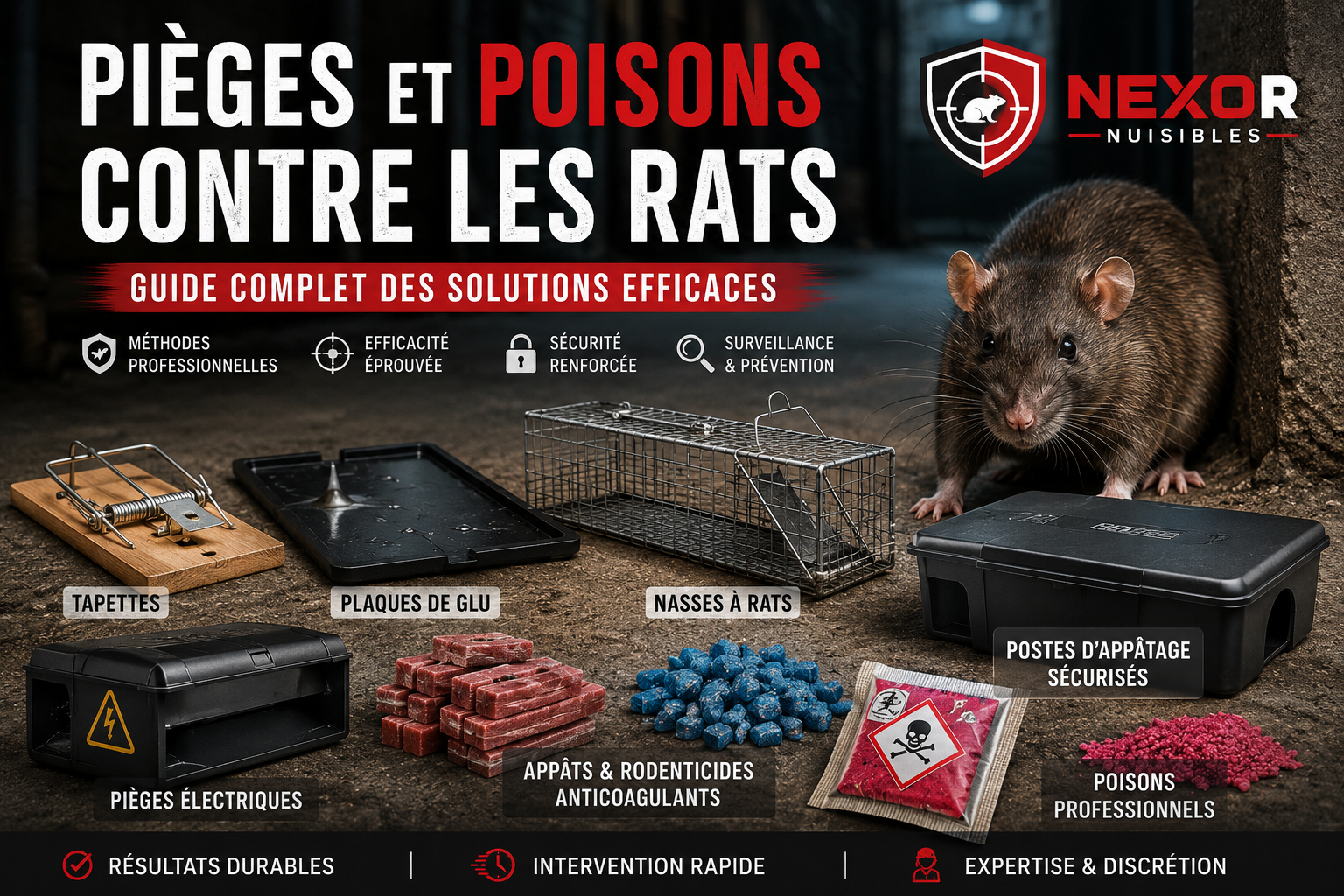 Guide complet des pièges et poisons contre les rats avec différents systèmes de dératisation professionnels utilisés par Nexor Nuisibles à Paris et en Île de France.